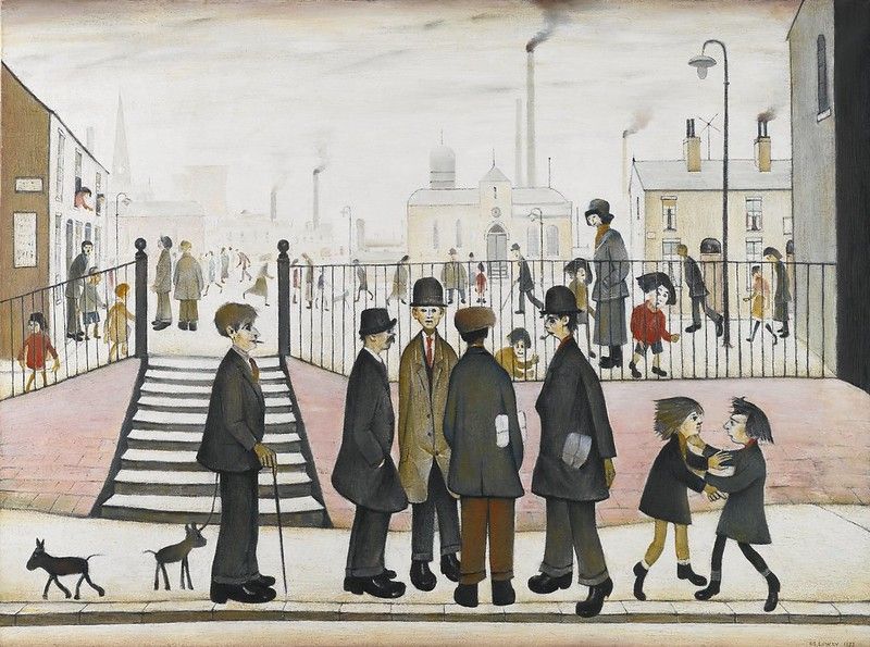 A Town Square by Lowry, painted in 1953, offers a more up-front insight into the hustle and bustle of city life. Unlike his usual, anonymous depiction of people that his work is well known for, this painting allows viewers to see the facial expressions of several people up close at the forefront of the image. The man in the centre of the picture is even facing the viewer, as if staring right at them, turning an ordinary scene into a charming spectacle and hence bringing it to life.