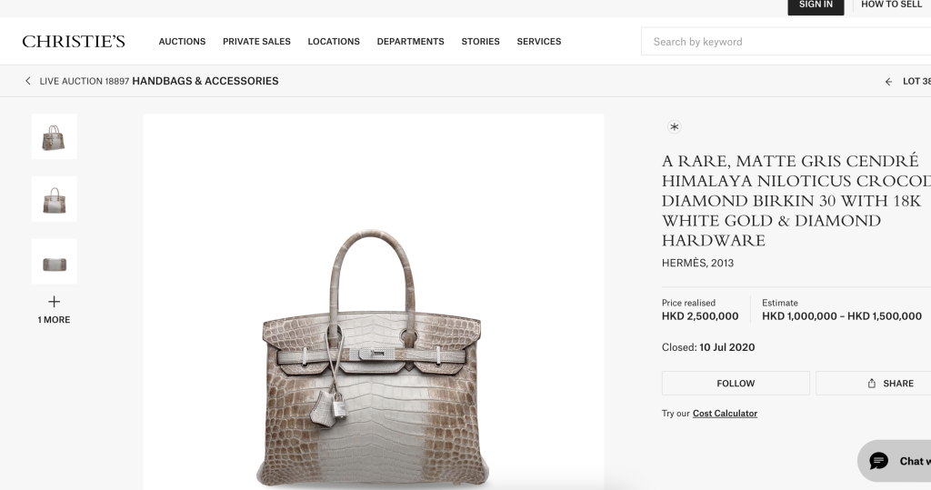 Christie's auction house in Hong Kong was the scene of a 2020 sale of an ultra-rare Matte Gris Cendré Himalaya Niloticus Crocodile Diamond Birkin 30 with 18k white gold & diamond hardware. The Himalaya bag is are very rare already, but this particular version is even harder to find. The Gris Cendré is different to the white toned Himalaya bags in that it has a stunning gray skin. The addition of white gold and diamond hardware makes the 2013 produced bag a real collectors item, which was reflected in its final price at auction of $320,000. 