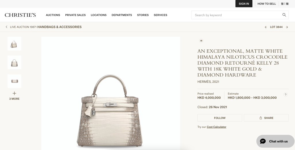 At a Christie’s Hong Kong auction in 2021, a Crocodile Kelly became one of the most expensive Hermes bags sold at auction when it sold for an incredible $510,000. Officially described as a Matte White Himalaya Niloticus Crocodile Diamond Retourne Kelly 28 with 18K white gold and diamond hardware, this stunning handmade bag contains over 200 diamonds with a total of 9.2 carats. 
