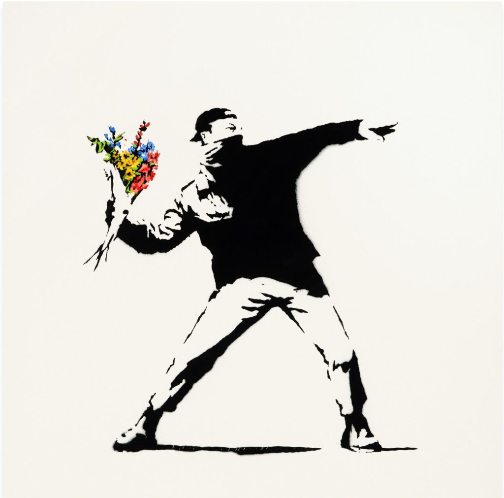 LOVE IS IN THE AIR by Banksy - one of the most valuable and popular artwork by the artist as of 2025